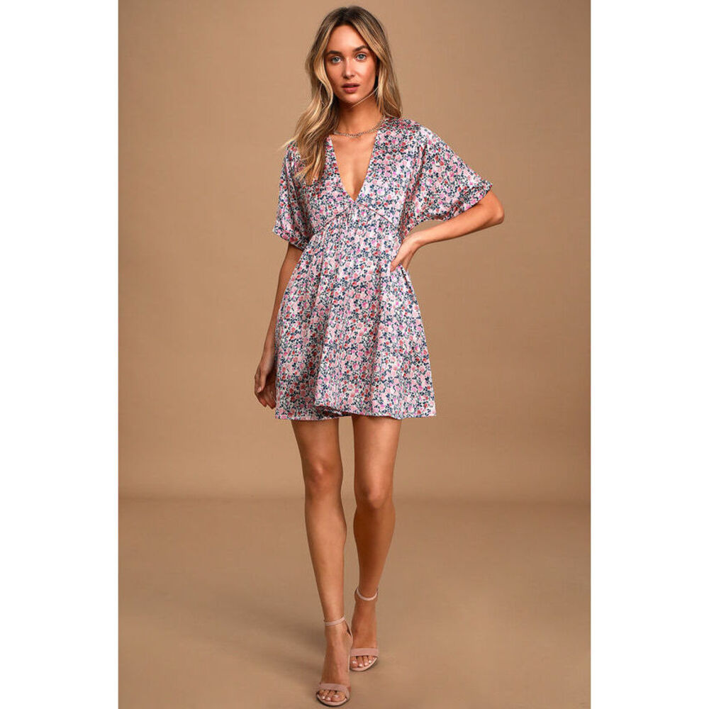 Lulus Express Yourself Blush Pink Floral Print Satin Babydoll Dress - Size S